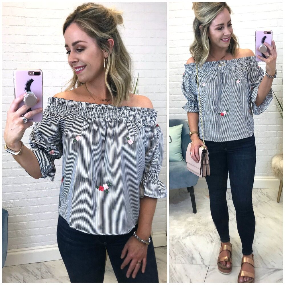 🌸 LUSH Embroidered Striped Off-Shoulder Top - Size S 🌸